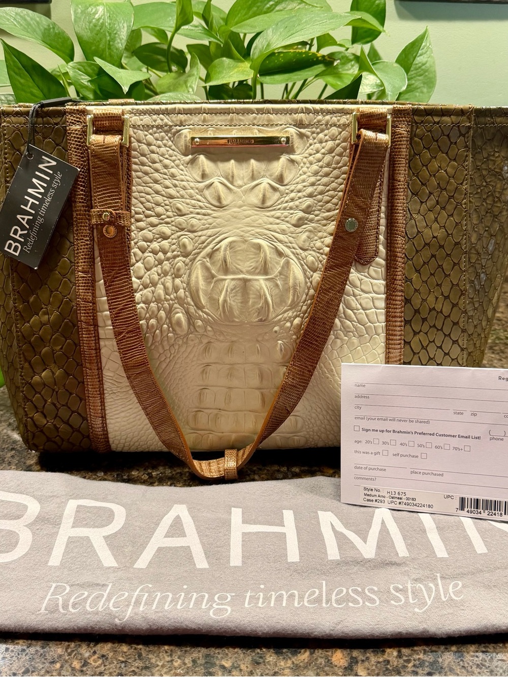Brahmin Medium Arno Oatmeal Olive Tote - New w Tags Dust Bag Registration Card